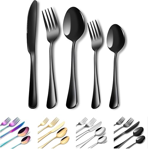 ITITT Juego de cubiertos negros de 30 piezas para 6, cubiertos de acero inoxidable 1810, juego de cubiertos pulidos con espejo, incluye cuchara,