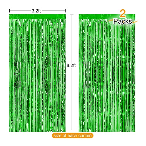 Image of CHRORINE 2pcs 3ft x 8.3ft Green Tinsel Foil Fringe Curtains Streamers Backdrop for Green Birthday Jungle Safari Tropical Party Christmas Decorations
