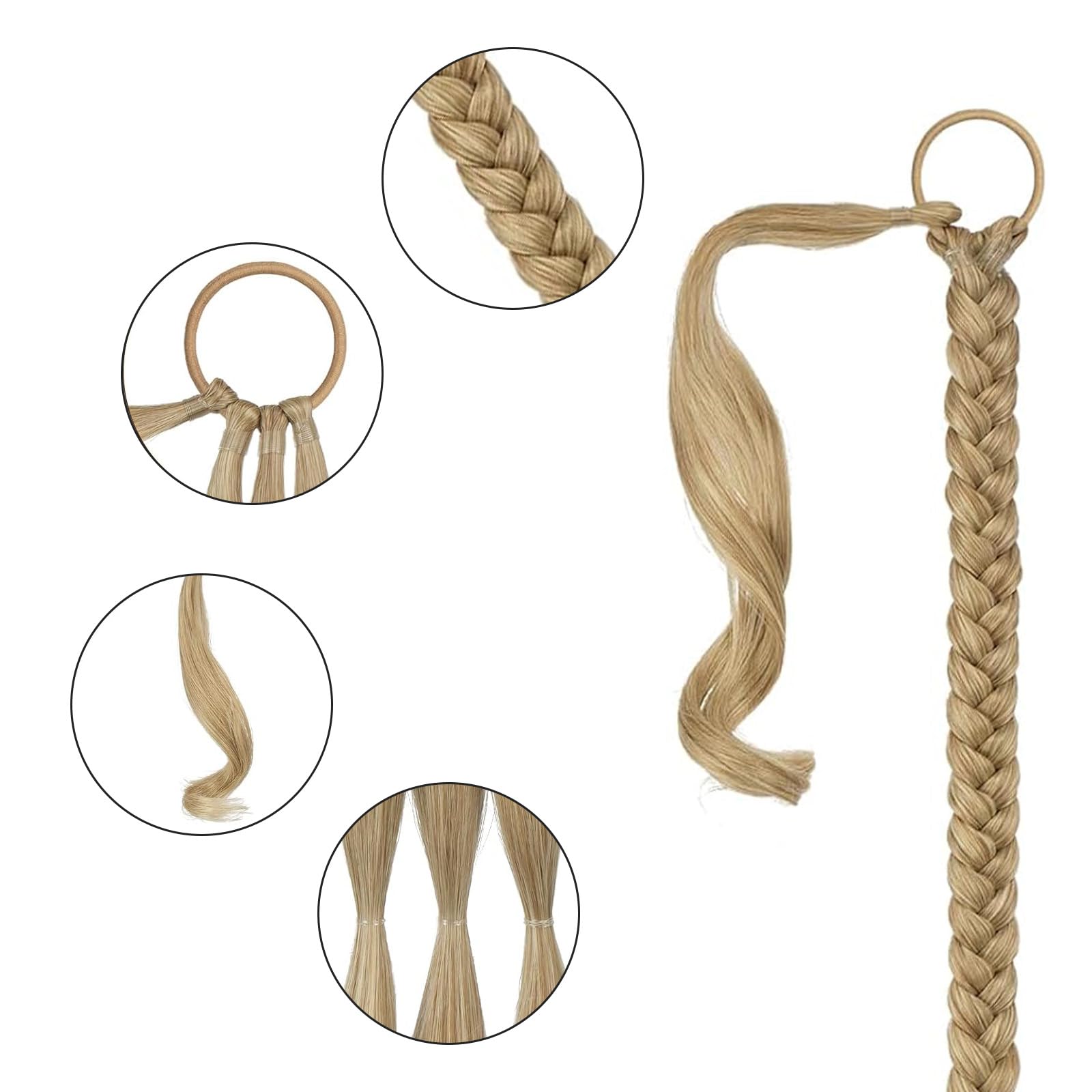 Rozszerzenie na kucyk, z gumką do włosów, 66 cm, syntetyczne włosy naturalne, do splatania, proste blond, warkocz (proste blond, 66 cm)