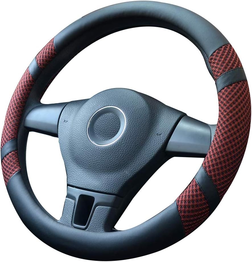 coofig Steering Wheel Cover for Car Universal 15 inch Microfiber Leather Viscose Ice Silk Breathable Anti-Slip (Wine Red,New Ice Silk)