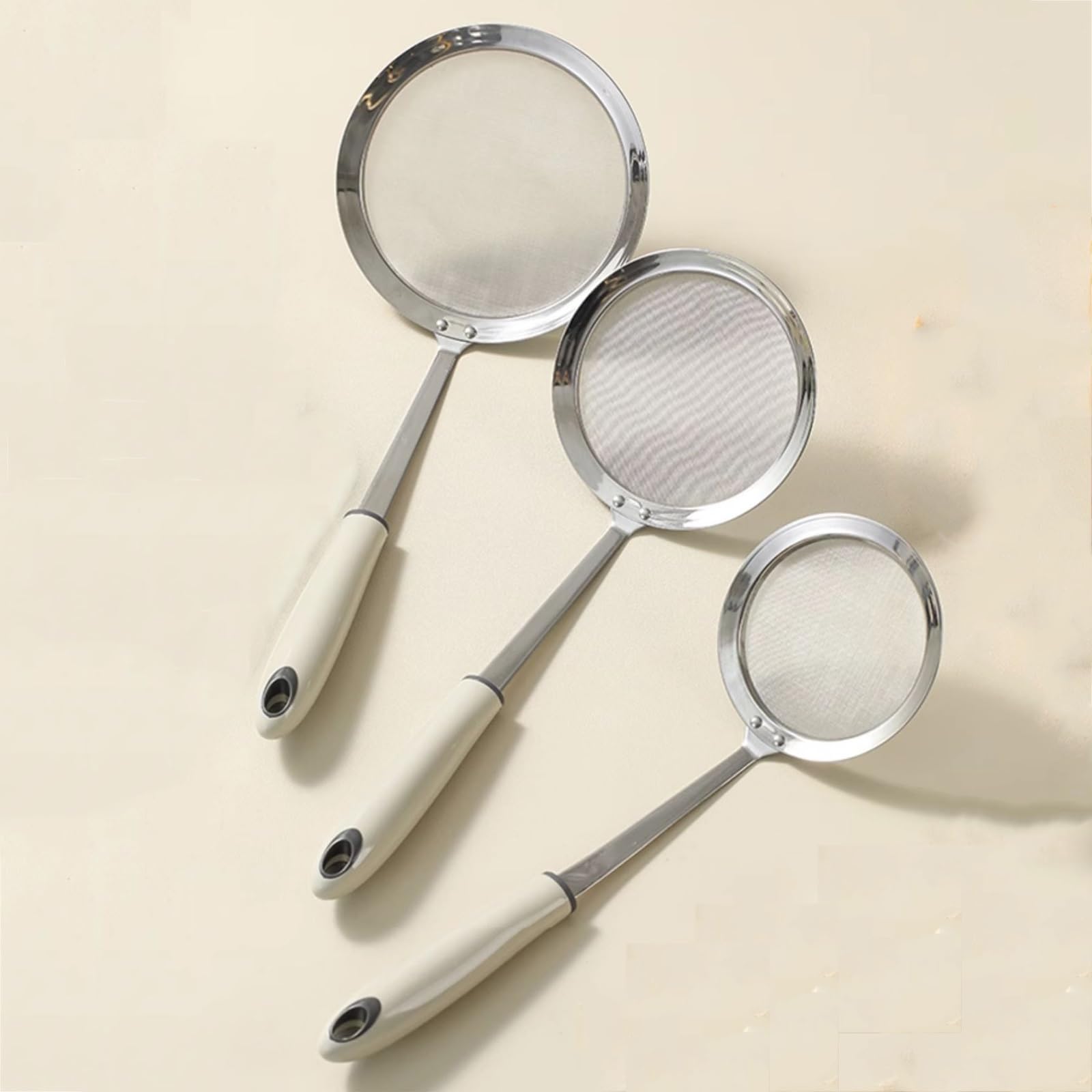 Colador de acero inoxidable 304, colador de harina de acero inoxidable, colador de malla fina, colador de cocina con asa, colador para el hogar, cuchara con fugas (10 cm, 12 cm, 14 cm)
