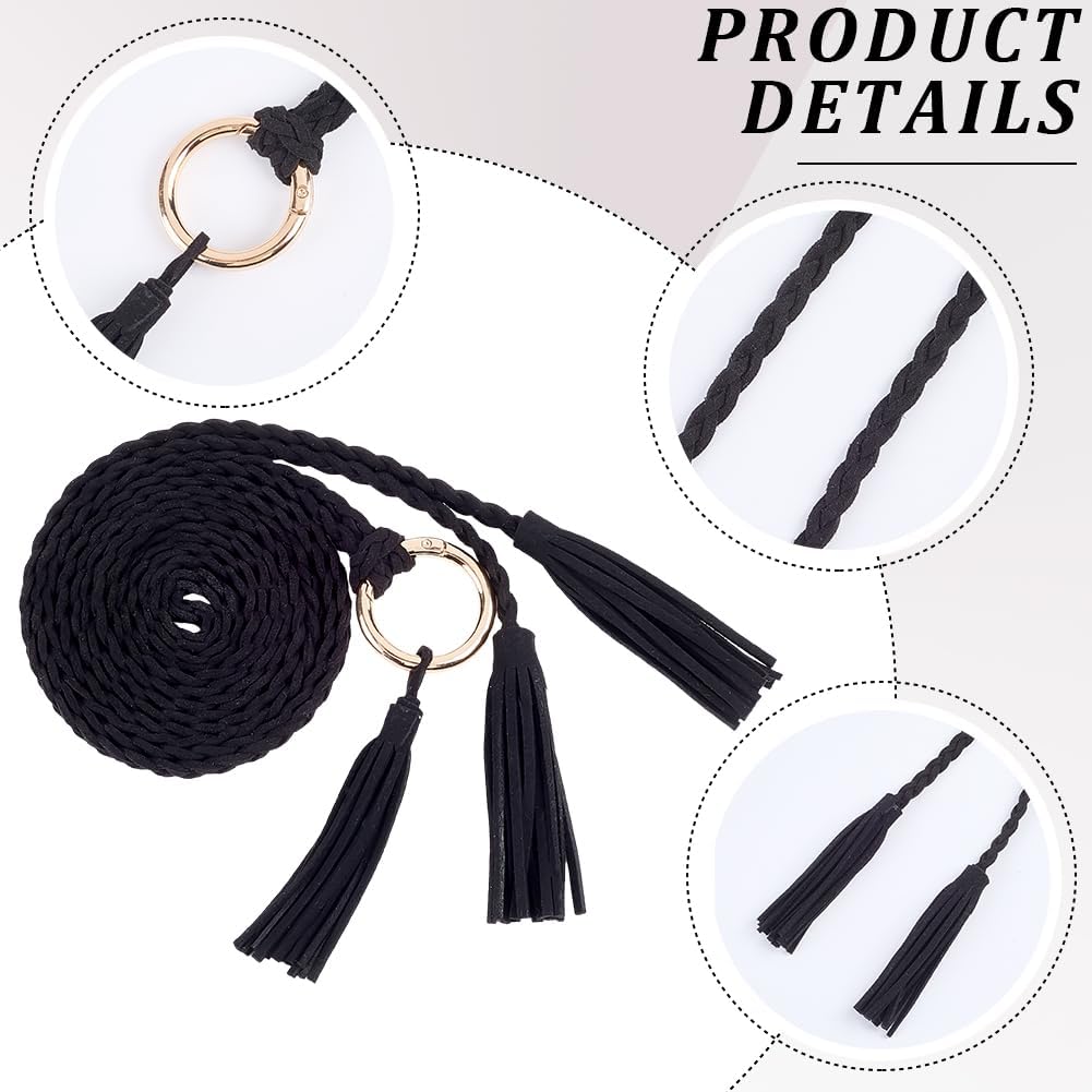 CRASPIRE Women Boho Braided Waist Belt Tassel Rope Belts Tie Skinny Black Leather Handmade Weaving Long Macrame Thin Decorative Chain Knotted with Ring for Lady Dresses Clothes Outfit Skirts Wrap - Image 6