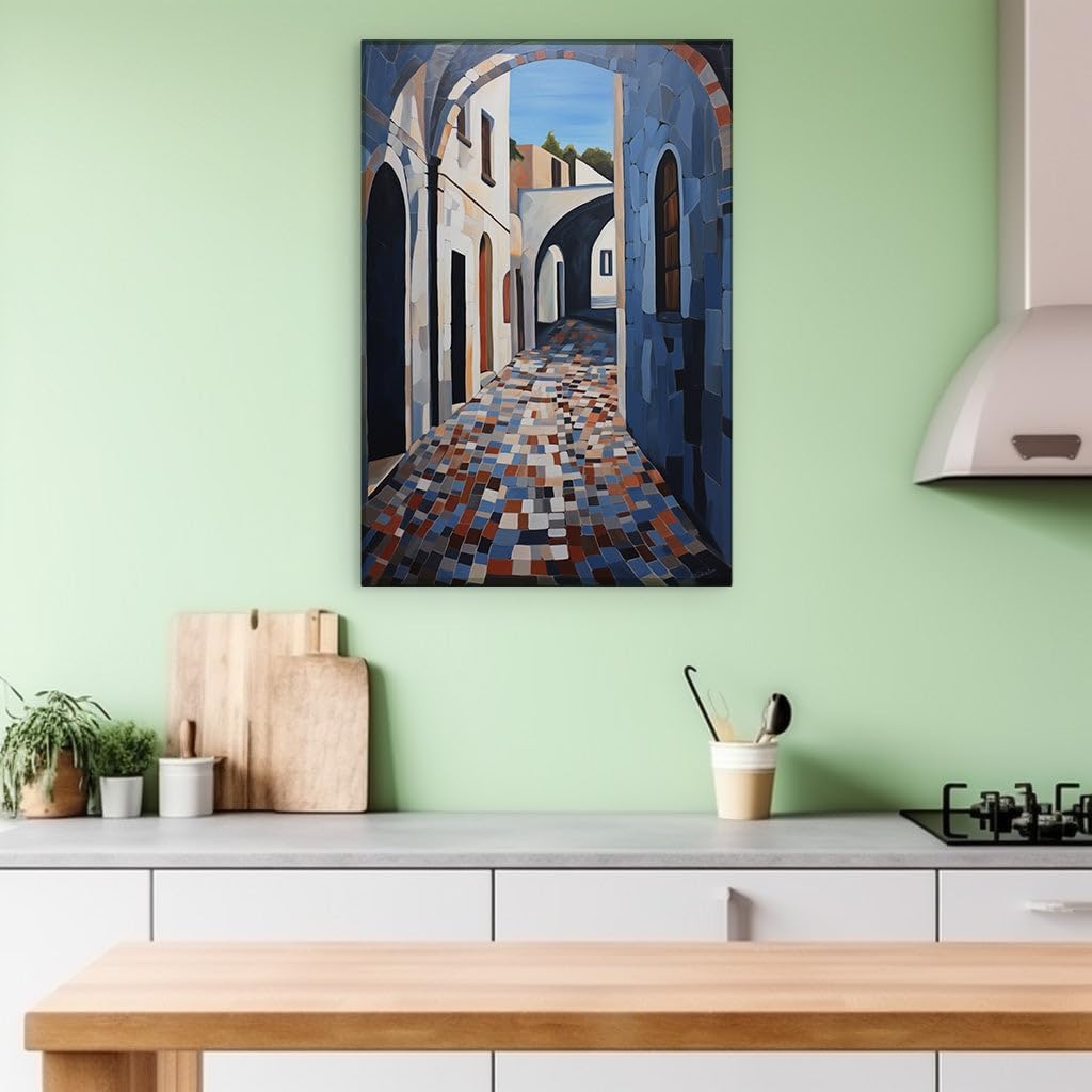 Canvas for Living room. Mediterranean Serenity in Strokes - Discovering Tranquility Through a Painted Alleyway, 27 x 18 inch Canvas Wall Art - Contemporary Masterpieces - Modern Home Decor