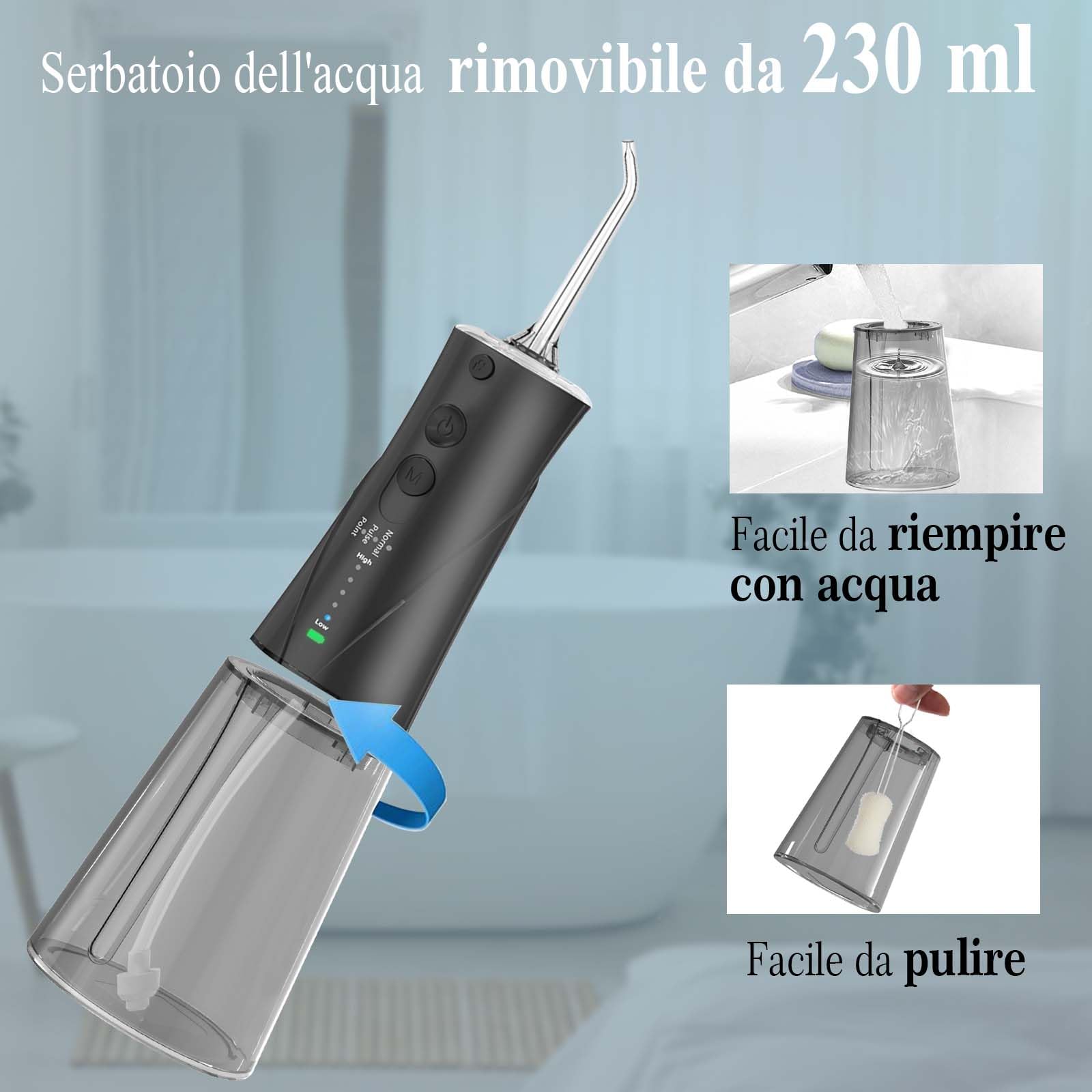 SURFOU Idropulsore Dentale Portatile 3 Modalità 5 Pressione dell'acqua e 7 Ugelli, 230 ml IPX7 Impermeabile USB Ricaricabile per Viaggi e uso Domestico