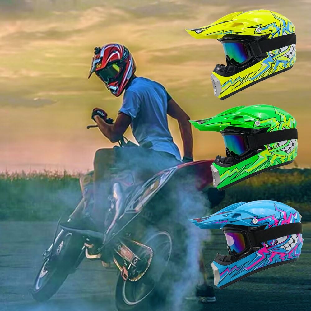 Casco da Motocross Per Bambini E Adulti, con Occhiali, Guanti E Maschera, Omologato DOT, Casco da Motocross Alla Moda Per Ragazzi, Unisex, Per Mountain Bike Atv Bmx
