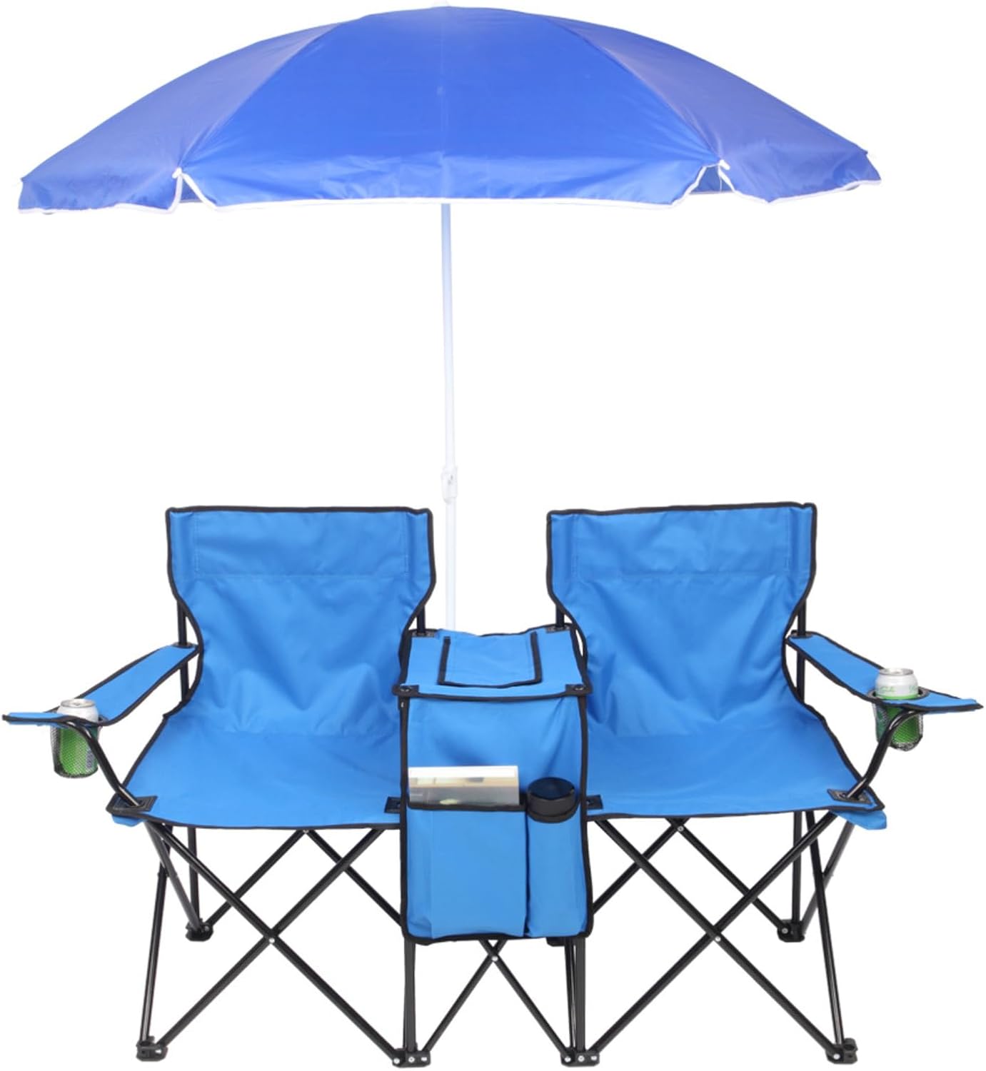 Outvita Folding Double Camping Chair w/Umbrella Beverage Holder Carrying Bag Cooler Fold Up Table, Large Bearing Capacity for Beach Patio Pool Park Outdoor Blue