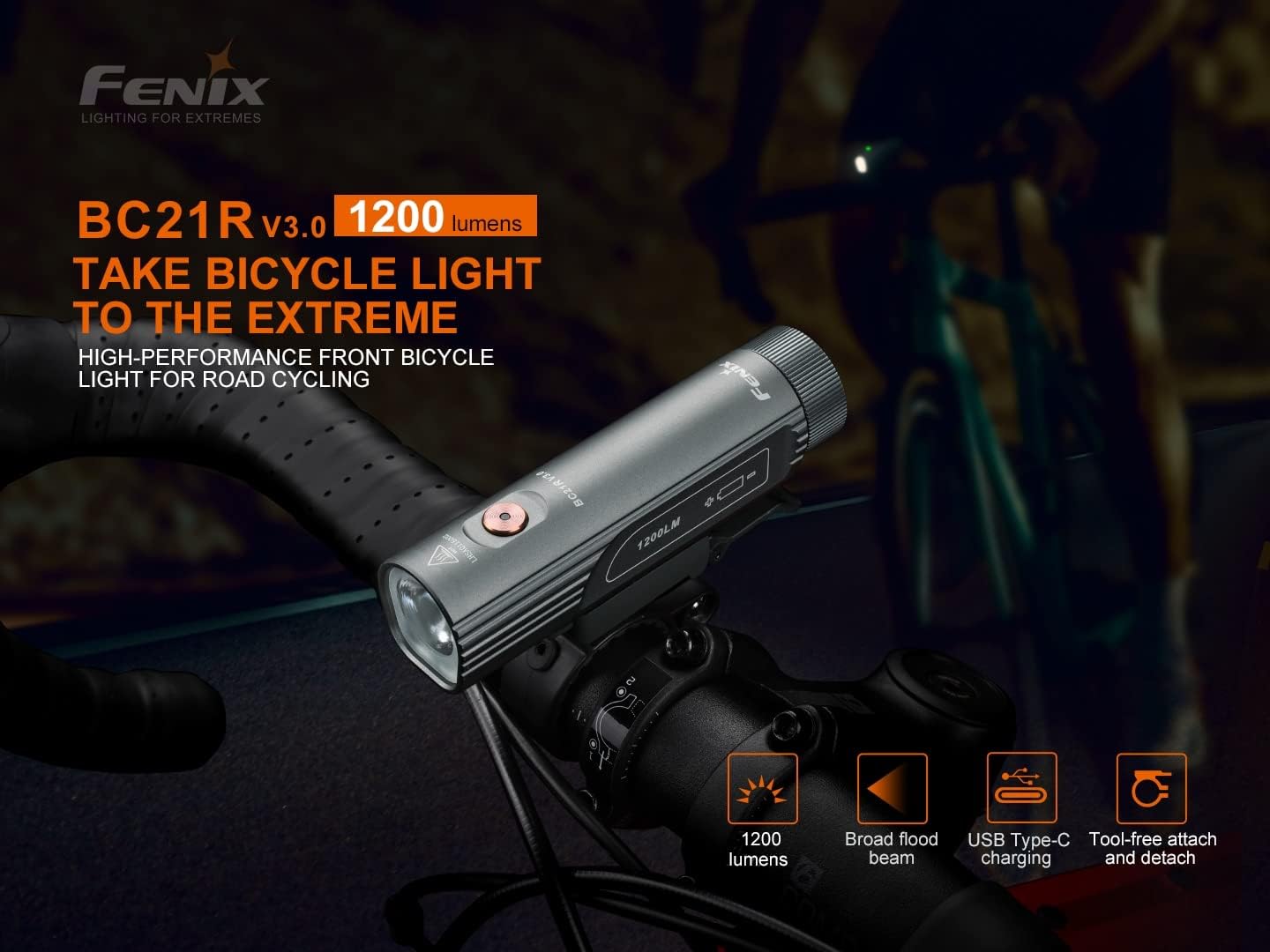 Fenix BC21R V3 1200 Lumen Bicycle Light on a bike handlebar