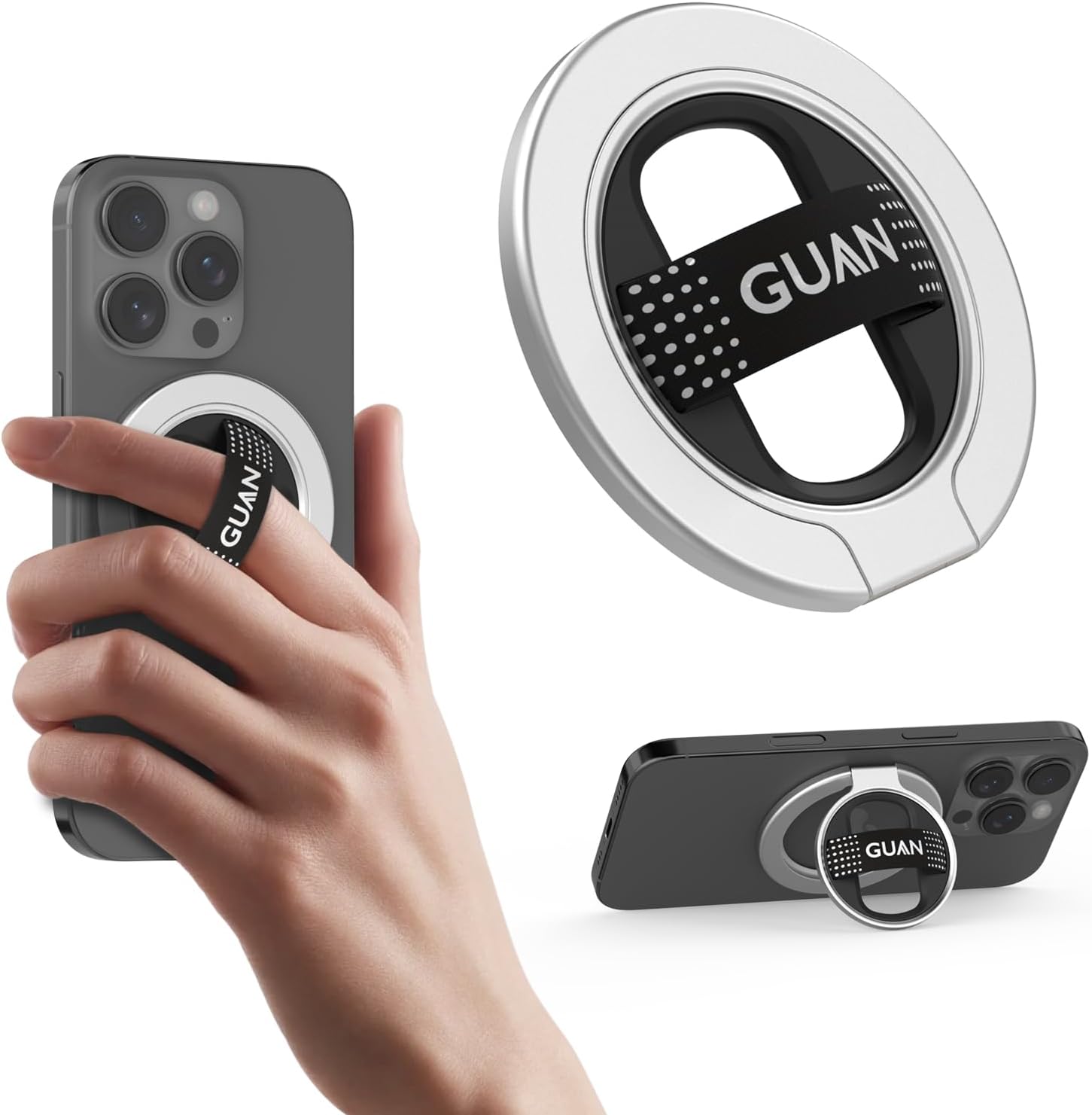 GUAN Magnetic Phone Grip Compatible with MagSafe, 0-180°Adjustable Stand, Replacement Silicone & Elastic Strap Ultra Thin Phone Kickstand for iPhone 17, 16,15 Series All Phones (Metal Ring) Silver