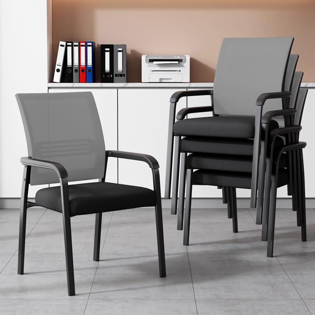 Sillas de Oficina apilables con Respaldo de Malla, sillas de Espera para Invitados con Asiento tapizado en Tela y Soporte Lumbar ergonómico para recepción de escuelas e Iglesias (5 Piezas-1)