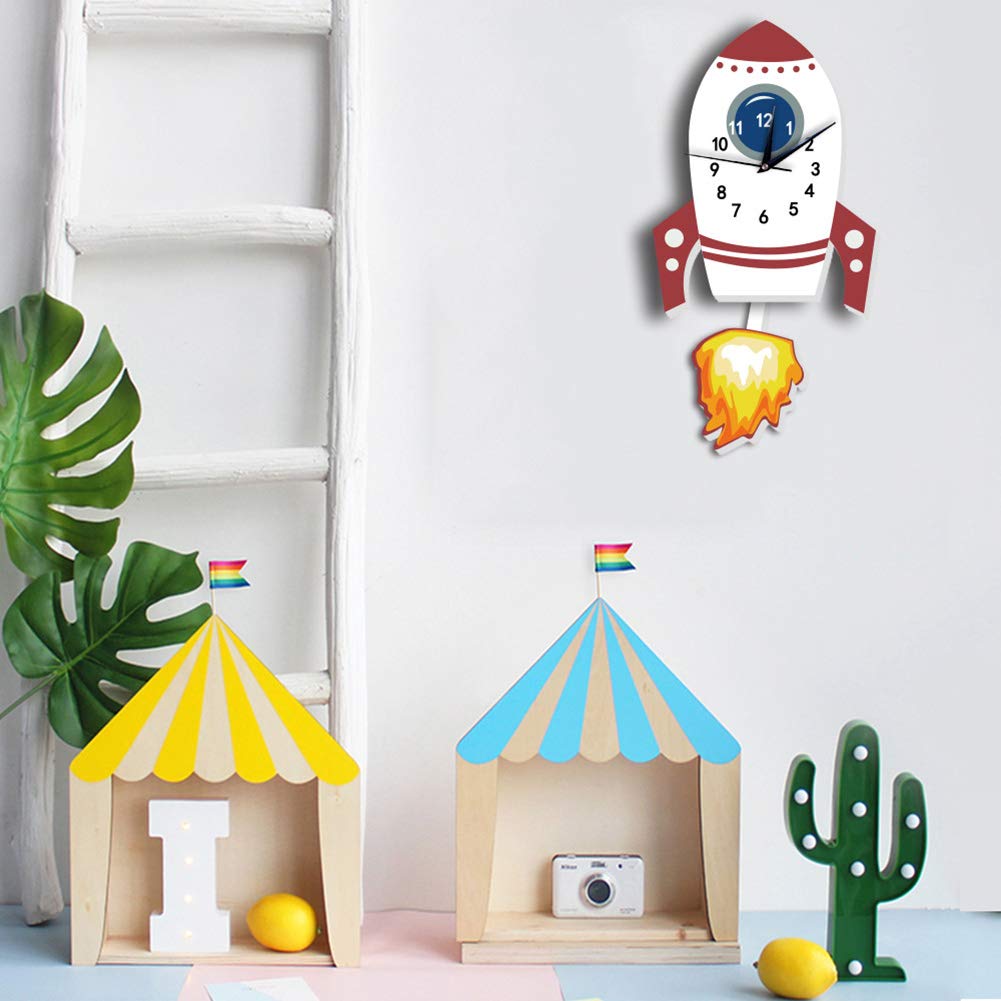 Orologio per decorazioni per la camera da letto per bambini, batteria a parete silenziosa per parete silenziosa a razzo cartone animato per bambini