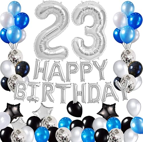 Juego de suministros de decoración de cumpleaños de 23 años, pancarta de feliz cumpleaños, globos de aluminio con el número 23 y globos en forma de