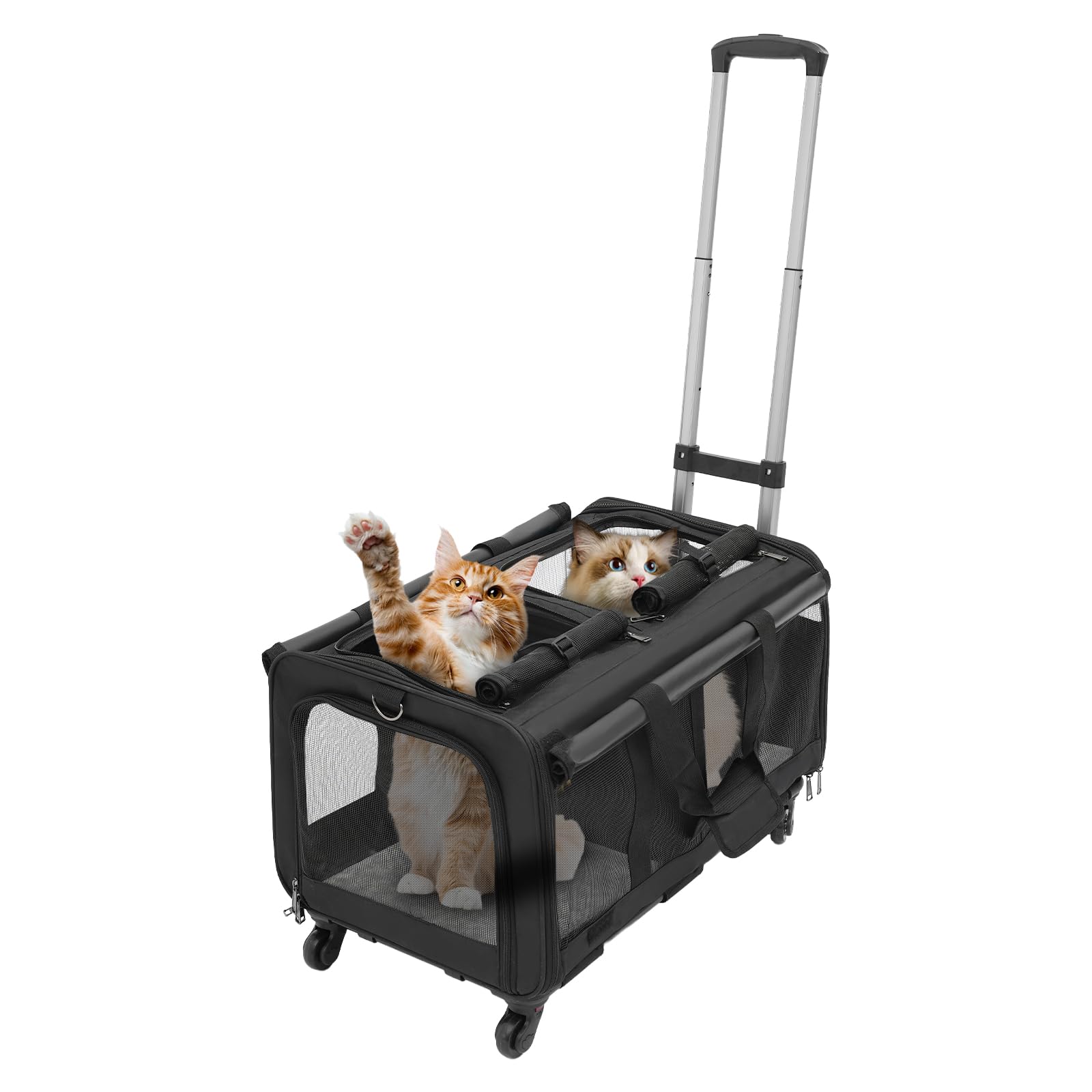 Transportín para mascotas con dos compartimentos y ruedas para gato/perro, caja de transporte extraíble para gatos con asa telescópica para 2 gatos/perros, hasta 17,5 kg, para viajes, senderismo