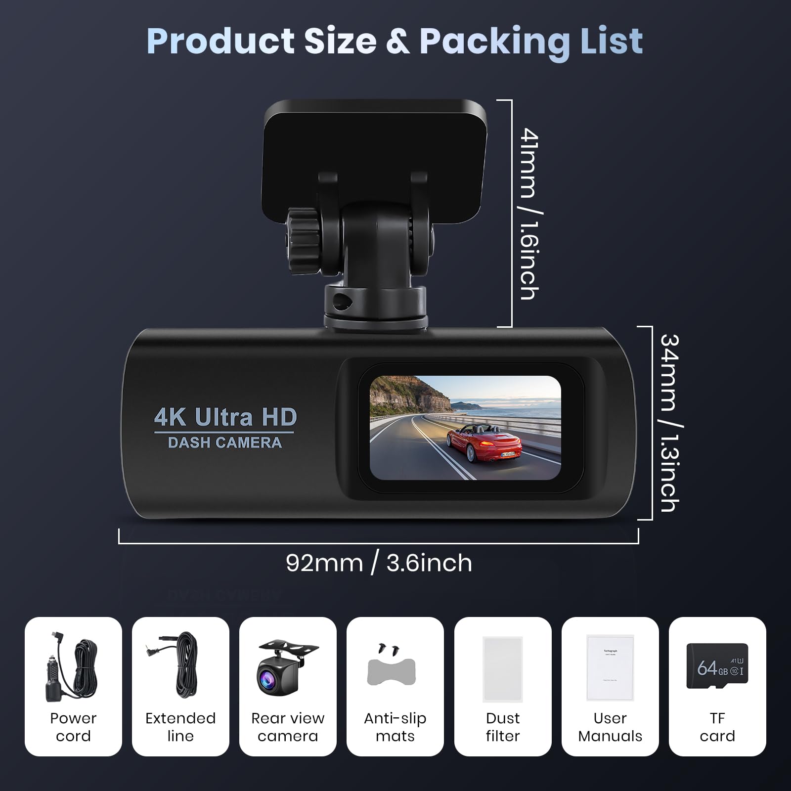 Hodozzy 4K Dashcam Cámara Coche Delantera y Trasera, WiFi Dash CAM Coche con Tarjeta, Cámara de Coche con App Control Sensor G Grabación en Bucle Súper Visión Nocturna Monitor de Aparcamiento