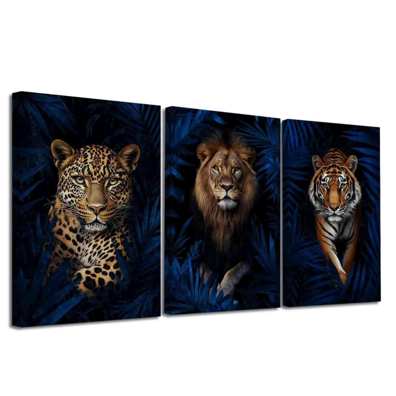 LZIMU 3Pcs Jungle Animal Canvas Wall Art Tiger Lion Leopard with Leaves Pictures Prints African Wildlife Paintings Poster Hunting Cabin Artwork Home Decor (Blue, (40x60cmx3 Pieces))
