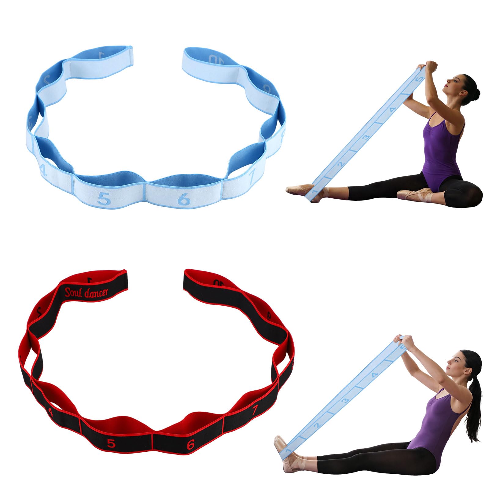Sinbana 2pcs Numbered Resistance Band for Glutes & Yoga, 44.49in/113cm Numbered Excersing Pull Rope Stretch Rope 10-Section Elastic Fitness Resistance Band for Stretching Yoga Pilates (Red, Blue)