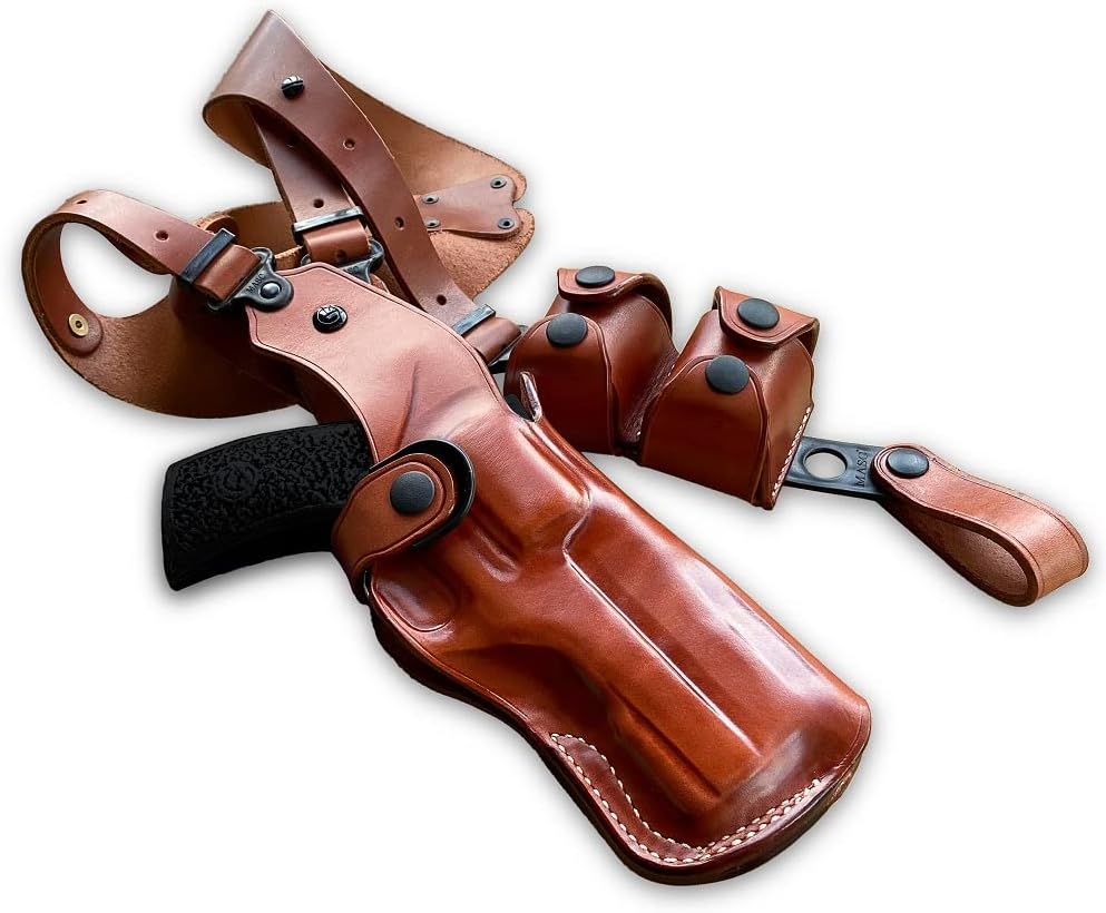Premium Leather Vertical Shoulder Holster System with Double Speed Loader Pouch, for Rhino 40DS 357 Mag/9mm 4" Barrel, Right Hand Draw, Brown Color #1050#
