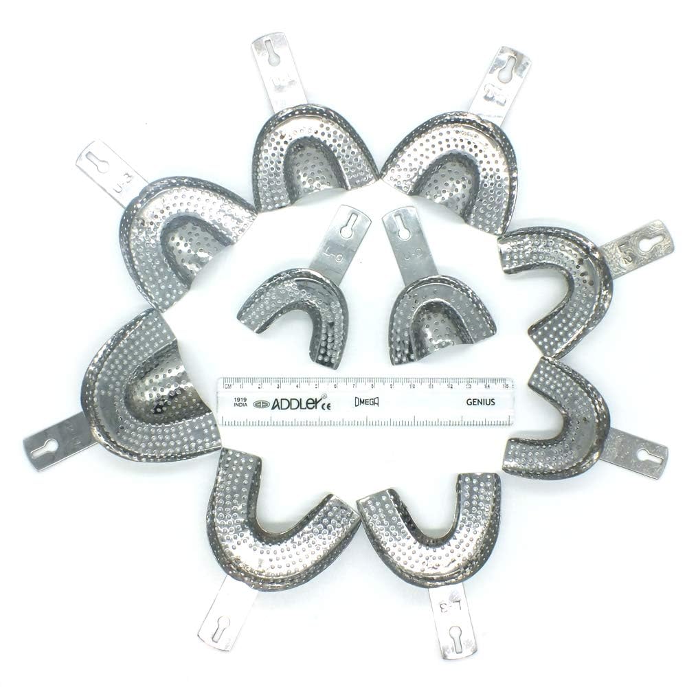 ADDLER DENTAL METAL IMPRESSION TRAY INDIAN SET OF 10. (L0,L1,L2,L3,L4 SIZE AND U0,U1,U2,U3,U4 SIZE) FOR DOCTORS/STUDENTS