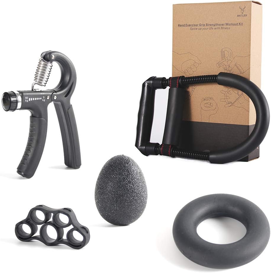 Antler Adjustable Hand and Wrist Exerciser Grip Strengthener Workout Kit(5 Pack) Hand and Forearm Grip Strength Trainer Hand Gripper Squeeze Exerciser Stress Ball Finger Exercise Stretcher for Gym