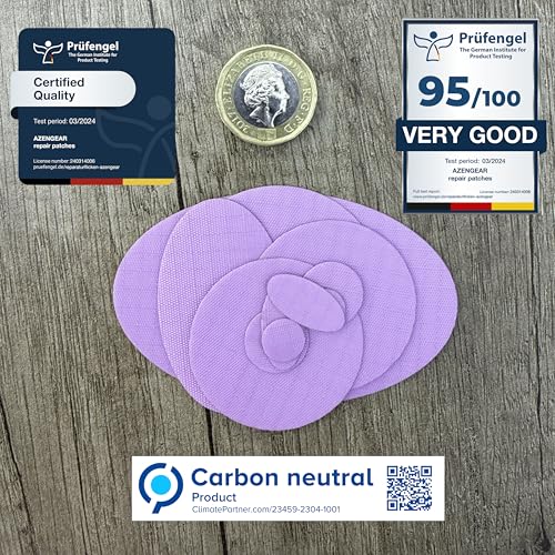 aZengear Repair Patches for Jackets, Tent, Shoe Toe, Air Mattress, Inflatables, PVC Gear - Waterproof, Self-Adhesive, Tear-Cold-Heat-Resistant, Down Puffer Coat (11pcs, Lilac)