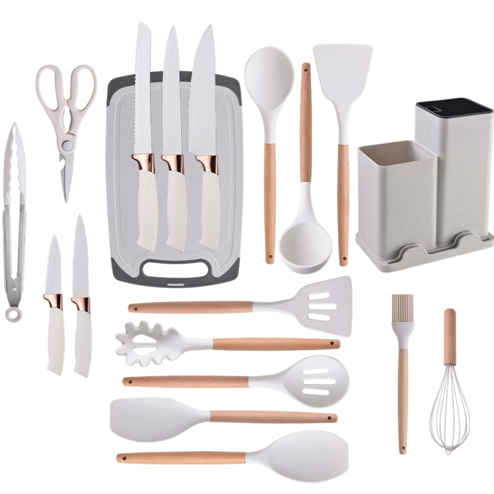 Set di 19 utensili da cucina in silicone con manici in legno, set di coltelli con ceppo in acciaio inossidabile, utensili da cucina antiaderenti resistenti al calore e supporto