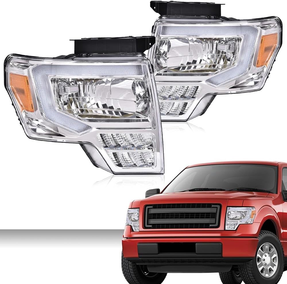 PIT66 LED Bar Headlights Assembly Compatible with Ford F150 2009 2010 2011 2012 2013 2014 Headlamp Replacement Pair Clear Lens Chrome Housing