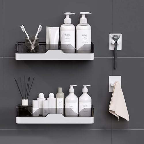 Miniatura 9 de UIFER Paquete de 2 estantes de ducha adhesivos con soporte para jabón y 2 ganchos para maquinilla de afeitar, estantes de ducha sin taladrar,