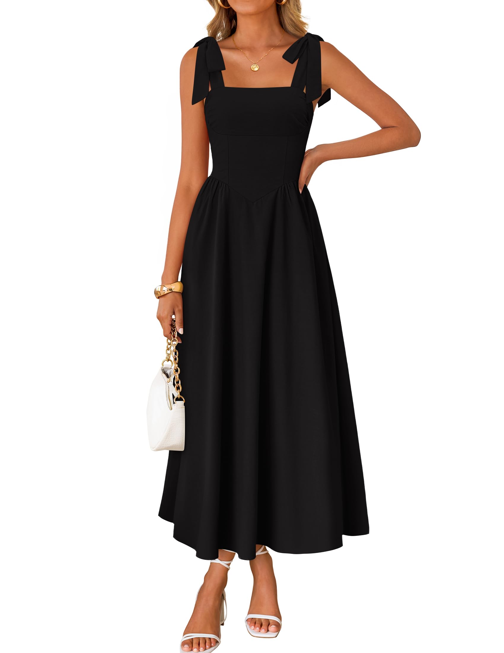 Women's Summer Spaghetti Strap Maxi Dress 2026 Tie Shoulder Square Neck Flowy Wedding Guest Party Beach Long Dresses