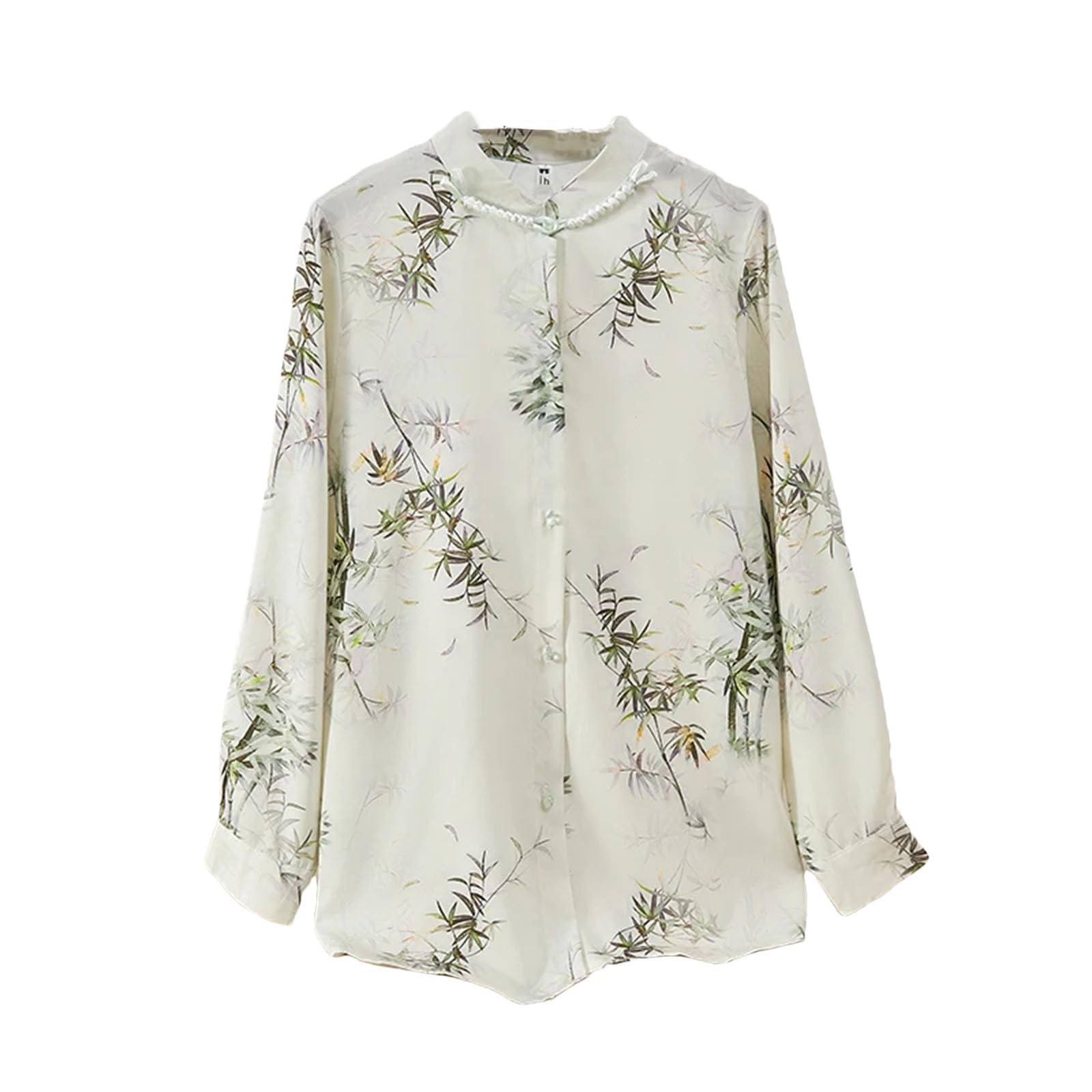 Blusas de estilo chino vintage para mujer, con cuello redondo, estampado floral de seda