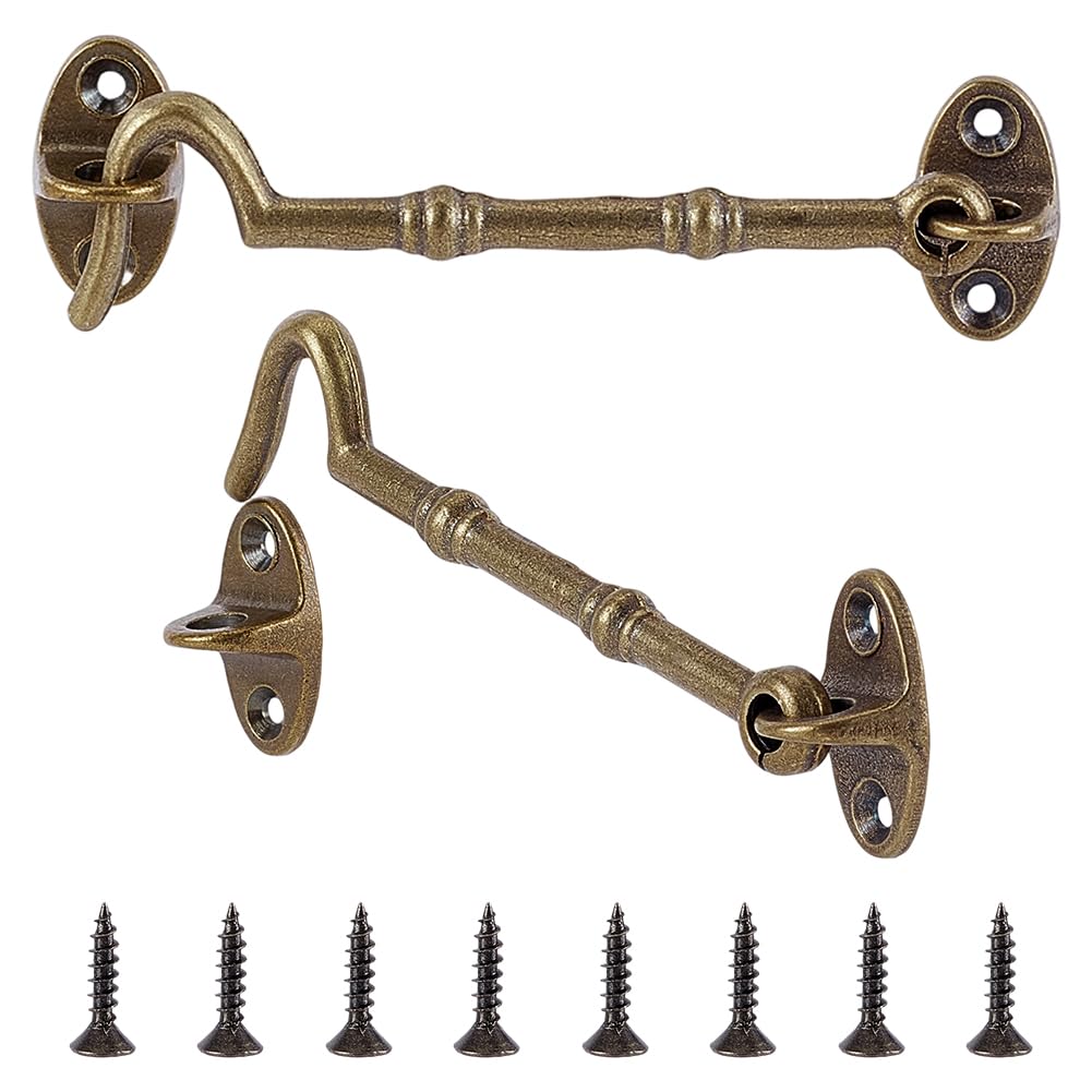 WADORN 2 Sets 4.3" Brass Hook and Eye Latch Vintage Door Lock Hardware with Screws, Window Hook Latchs Casement Stay Latch Set for Sliding Windows Shed Fence Door Cabinet Security Antique Bronze