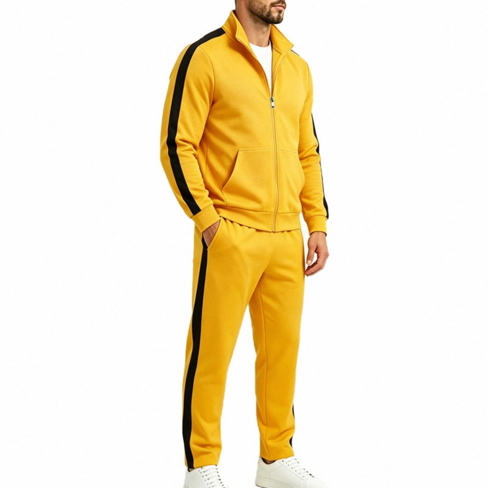 Set da ginnastica uomo giacca con striscia laterale e pantaloni da jogging | Giacca con zip integrale e pantaloni a gamba dritta con coulisse completo sportivo a due pezzi per lo quotidiano