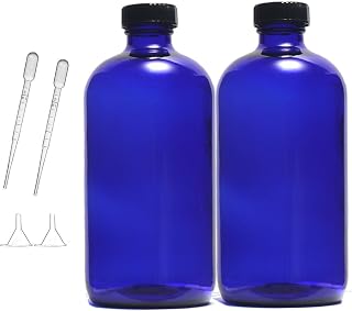 16oz blue Glass Bottles with Reusable Lids (2 Pack),Refillable Boston Storage bottle,Dispensing Bottles for Homemade Vanilla Extract, Essential Oils, plant