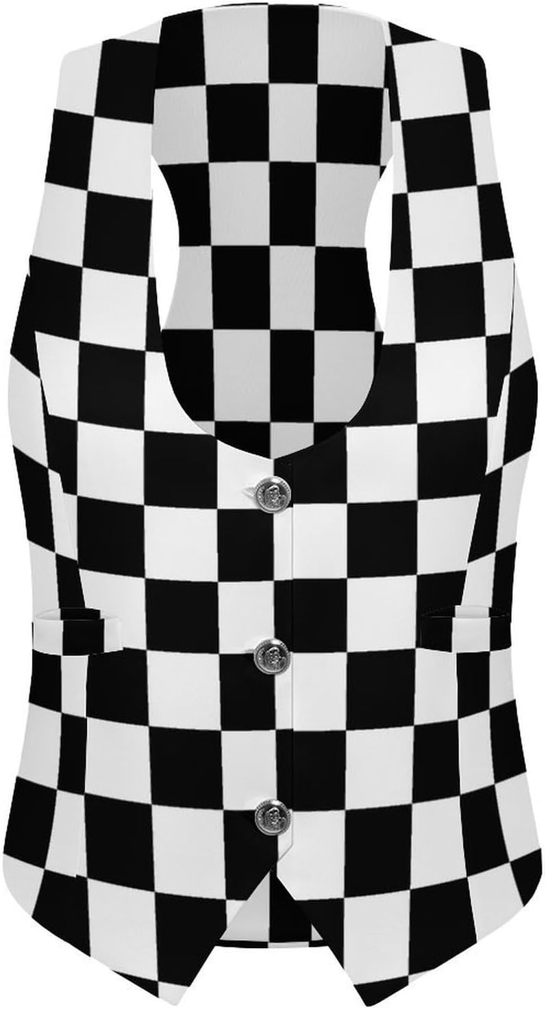 Plaid Black White Checkered Women's Tuxedo Waistcoat Suit Vest | 3 Button V-Neck Slim Fit Casual Sleeveless Top