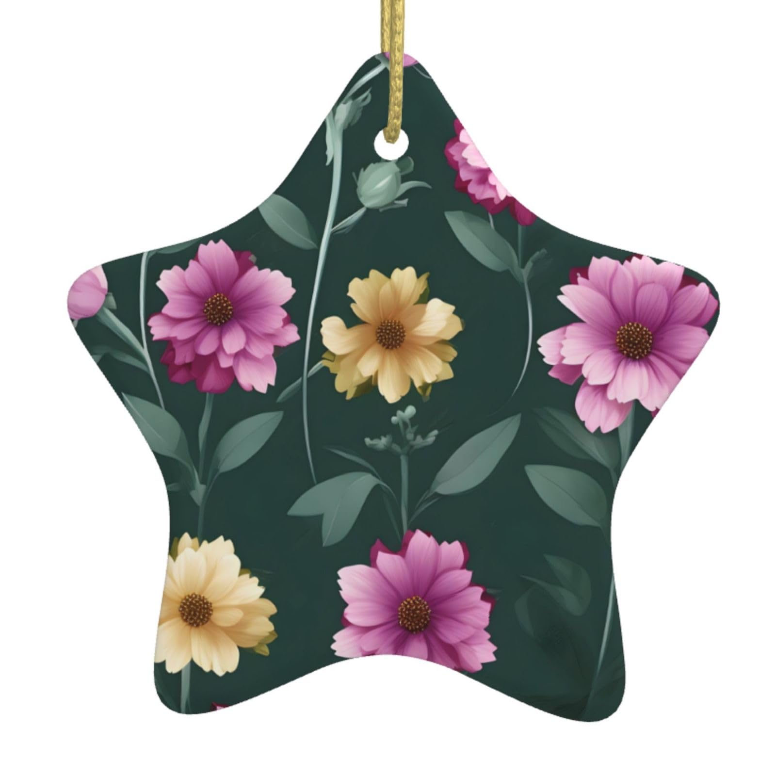 Beautiful Purple Flowers Christmas Ceramic Star Pendant with Punched Holes and Gold Wire Rope, Christmas Tree Home Decoration