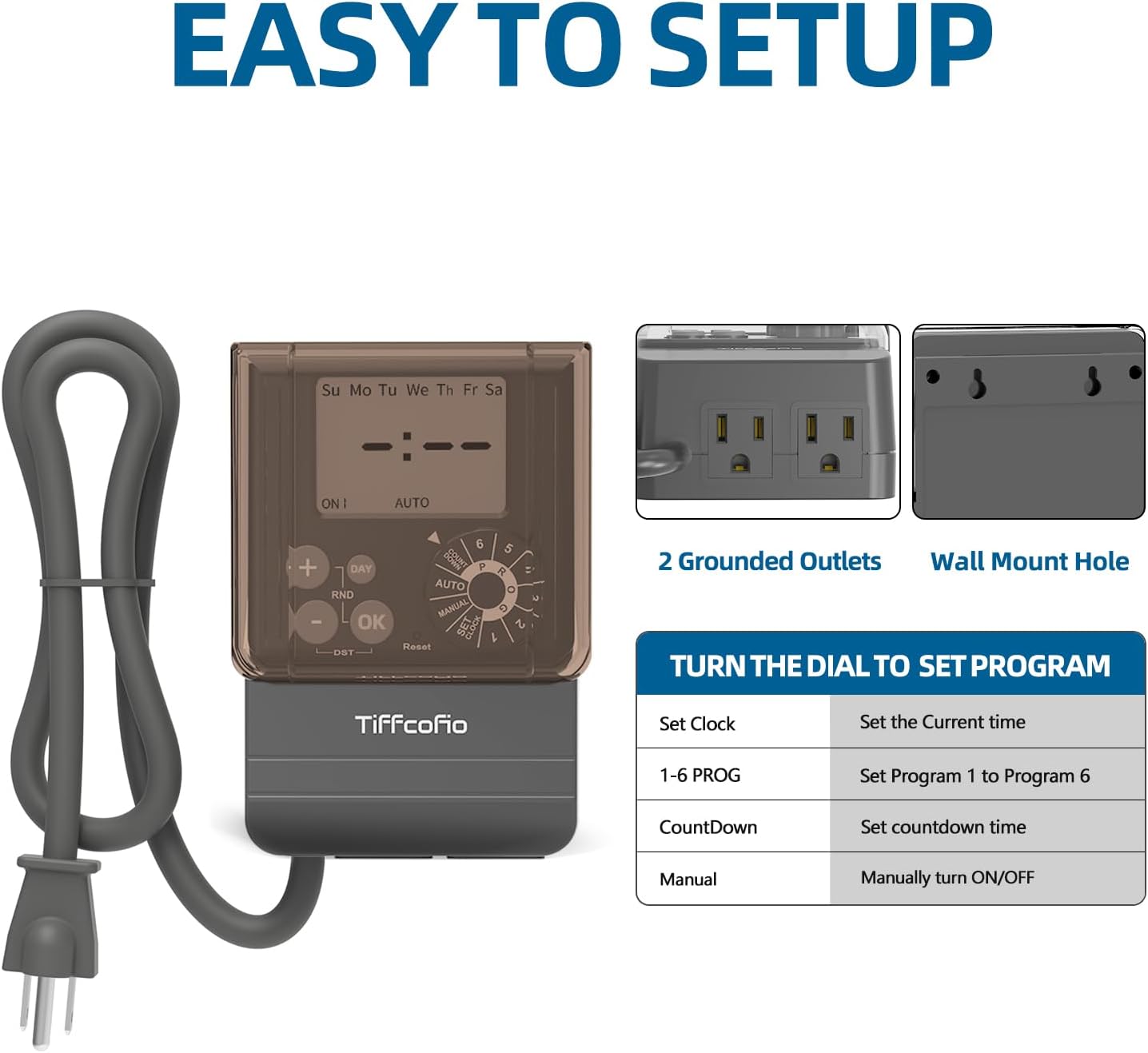 TiFFCOFiO 20A Outdoor Digital Pool Timer, Dial Programmable Method, Outdoor Timer with 2FT Extension Cord Waterproof, 2 Grounded Electrical Outlets for Lights, 6 Sets of Programs,1.5HP, 2500W