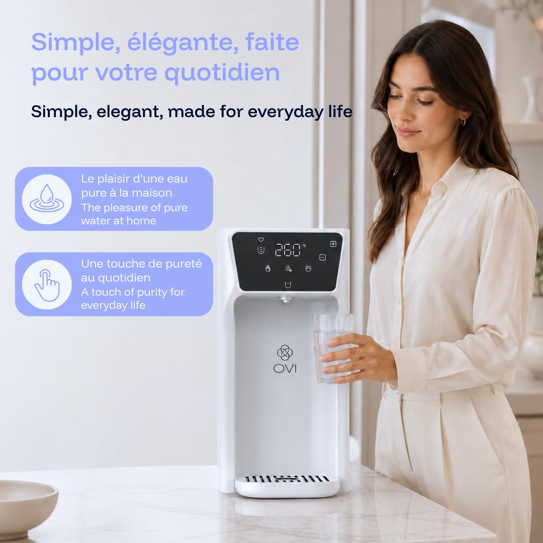OVI E Distributeur d’Eau Chaude 95°C Instantanée – Filtrée 4 Étapes + UV-C – Sans Raccordement, Plug & Play – Maison, Bureau, Voyage (Blanc)