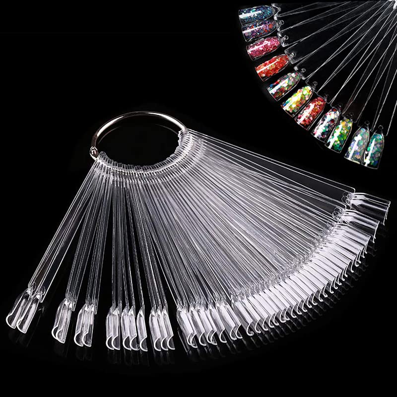 ShakeelNail Colour Display" Clear Nail Swatch Sticks, Salon Nail Display Tips, Nails Samples Sticks for Nail Art Design Nails Practice | Fan Shape, with Metal Ring, Pack of 50