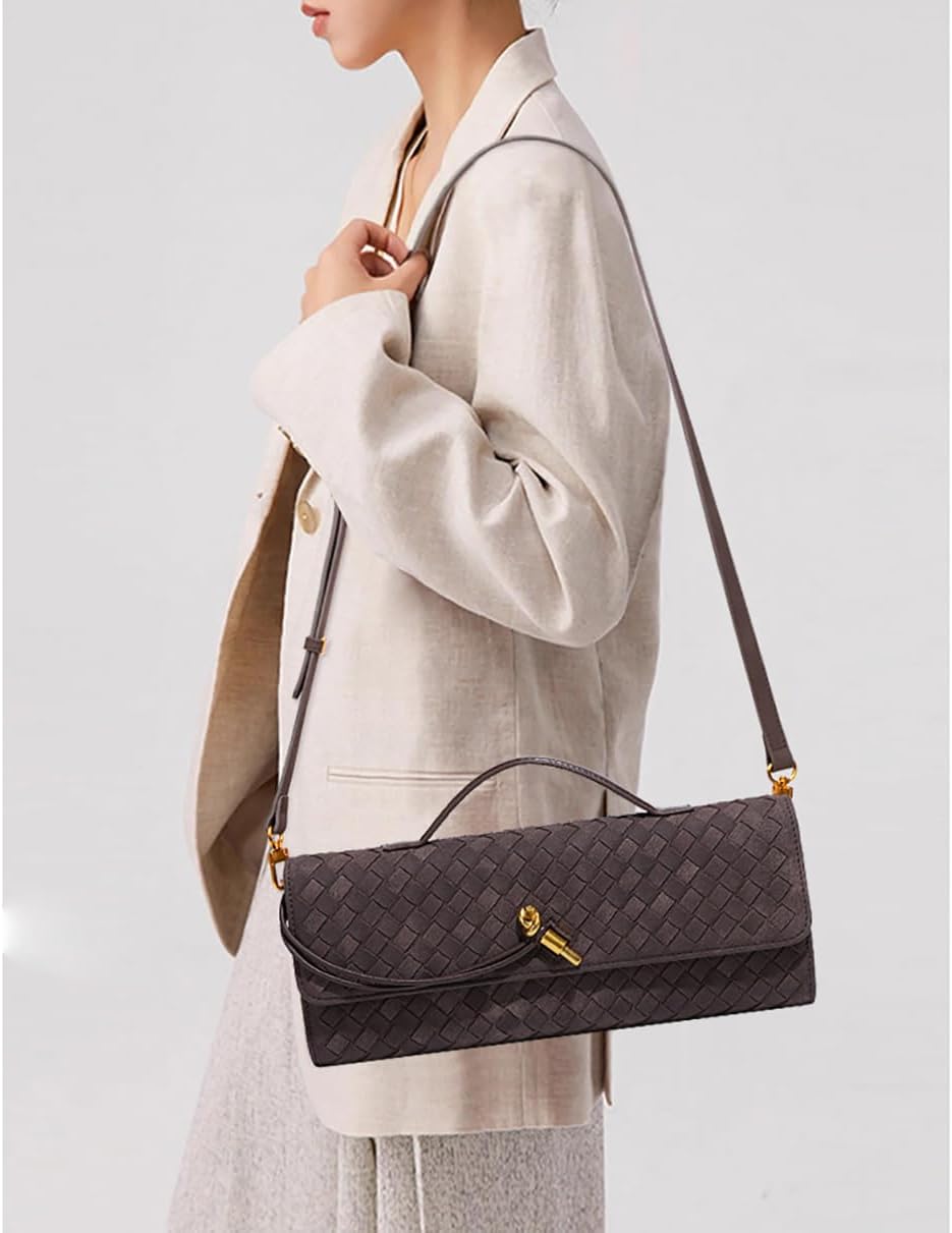SKYK Brown Woven Suede Clutch Purses for Women Trendy Evening Bag PU Leather Handbag Shoulder Crossbody Bags (B Suede Brown)