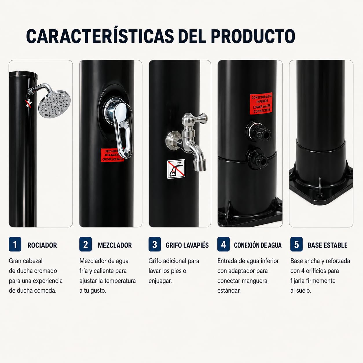 Ducha Solar Exterior 35 L jardín y Piscina con Mezclador y Grifo lavapiés – Depósito PVC Acero Inoxidable, Temperatura 60 °C, 216 cm, sin Electricidad