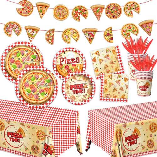 Pizza Party Decorations Tableware Set Pizza Party Supplies Pizza Plates and Napkins Cups Banner Tablecloths Red and Orange Dinnerware Favor for Baby Shower Picnics Birthday Party