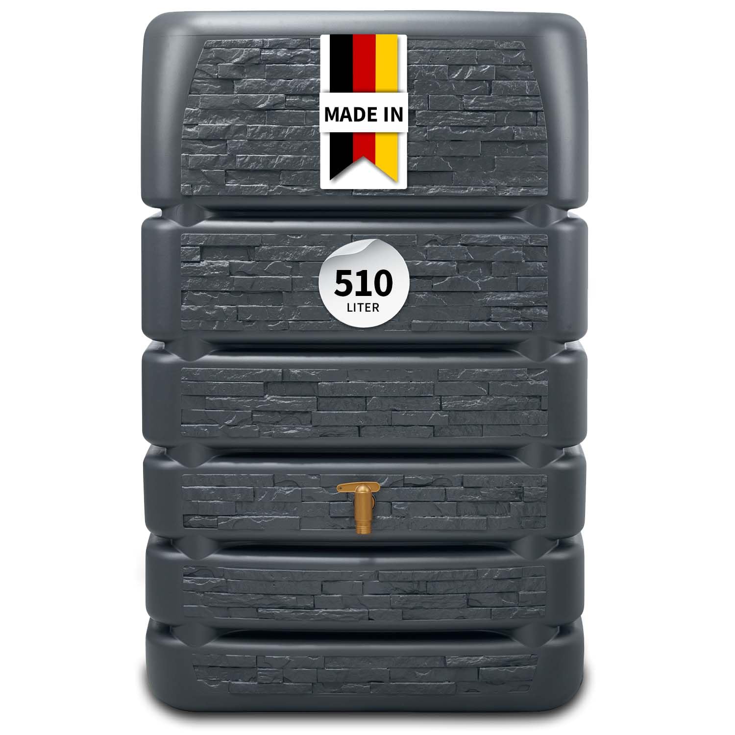 4rain Slim Stone Decor Regentonne Mauertank 510 Liter Graphite Grey - in Steinoptik und Anthrazit - Regenwassertank für den Außenbereich - praktischer Wasserbehälter zur Gartenbewässerung am Haus
