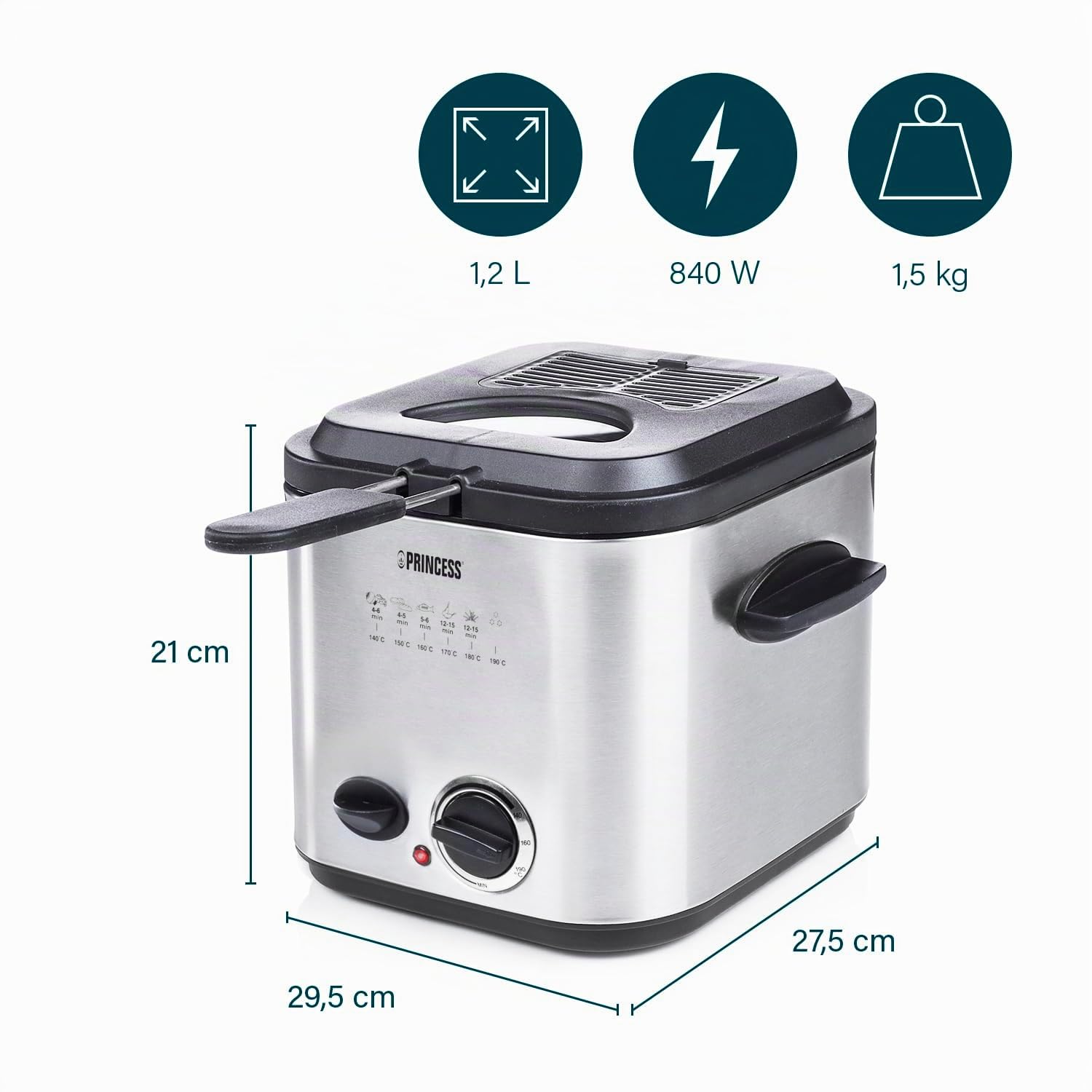 Princess 182611 Mini-Fritteuse mit Fondue – schnelle Erwärmung – Geruchsfilter – 1,2 Liter Inhalt, Silber