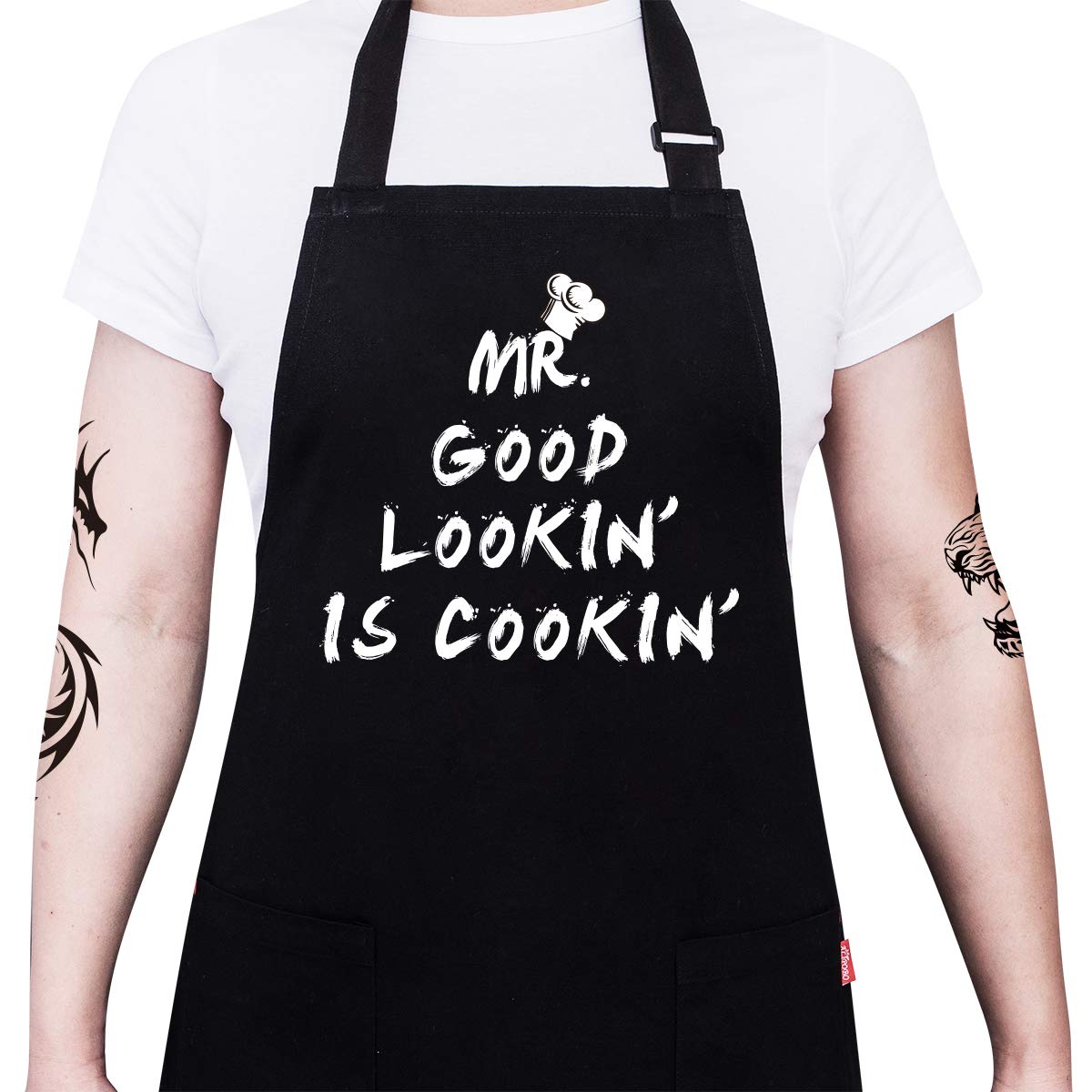 Kitchen Chef Apron - MR. GOOD LOOKIN' IS COOKIN' Funny Aprons for Men Dad - Adjustable Bib Apron with 2 Pockets and 40" Long Ties, Perfect for Cooking, Grilling, BBQ, Baking - Black