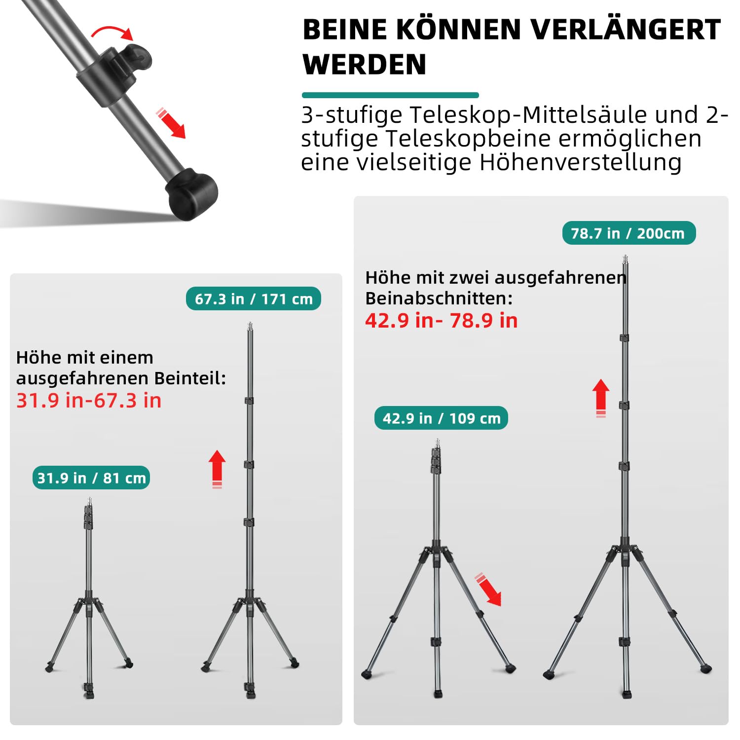 Trépied D'éclairage Portable 200 Cm En Alliage - Pieds Réversibles, Hauteur Réglable 46,5-200 Cm, Vis 1/4" - Pour Lumière Annulaire, Flash, Vidéo