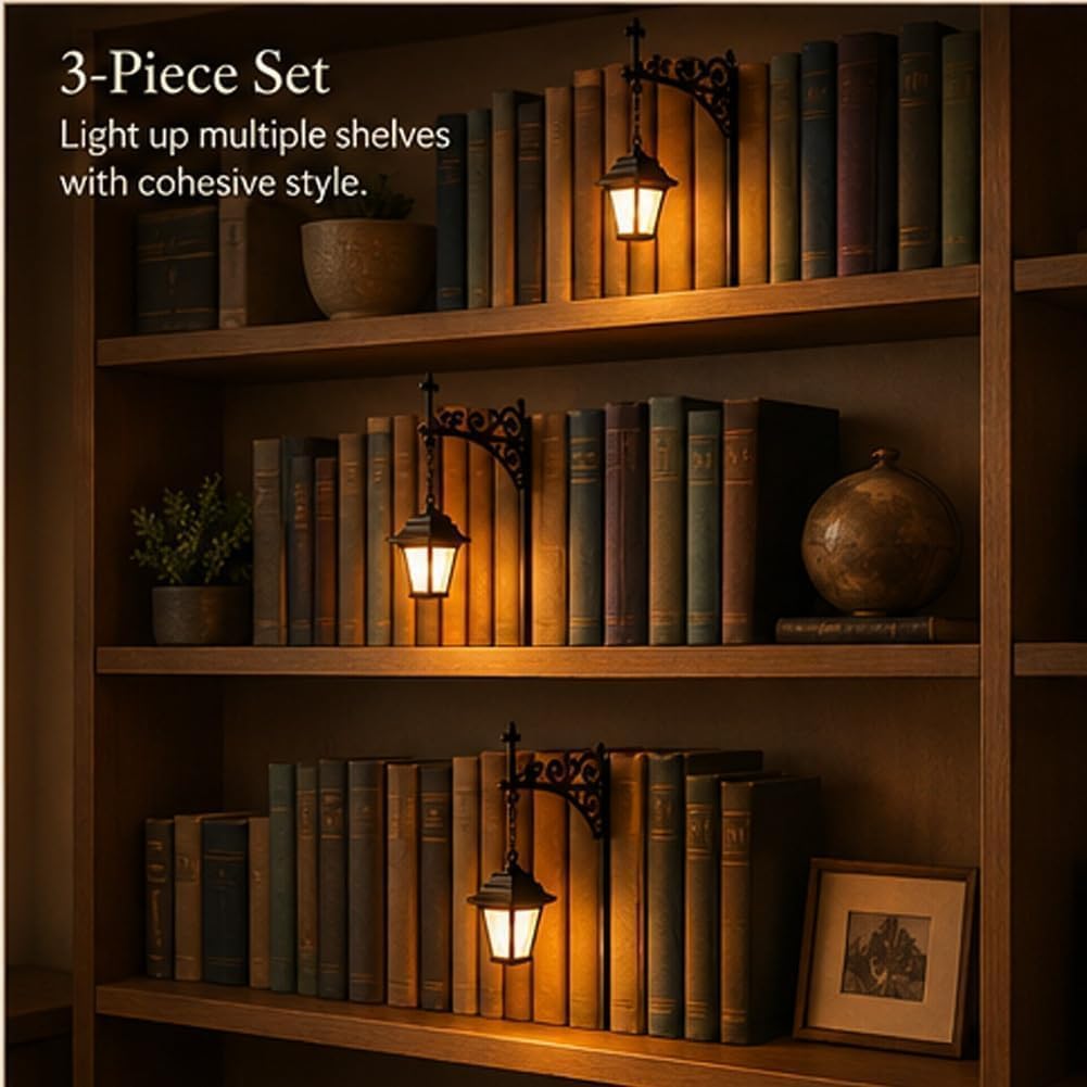 Vintage Library Lantern – dekoracyjne oświetlenie regału na książki, miniaturowa lampa wisząca, ciepła lampka nocna LED do kącika do czytania, dekoracja literacka prezent dla miłośników książek