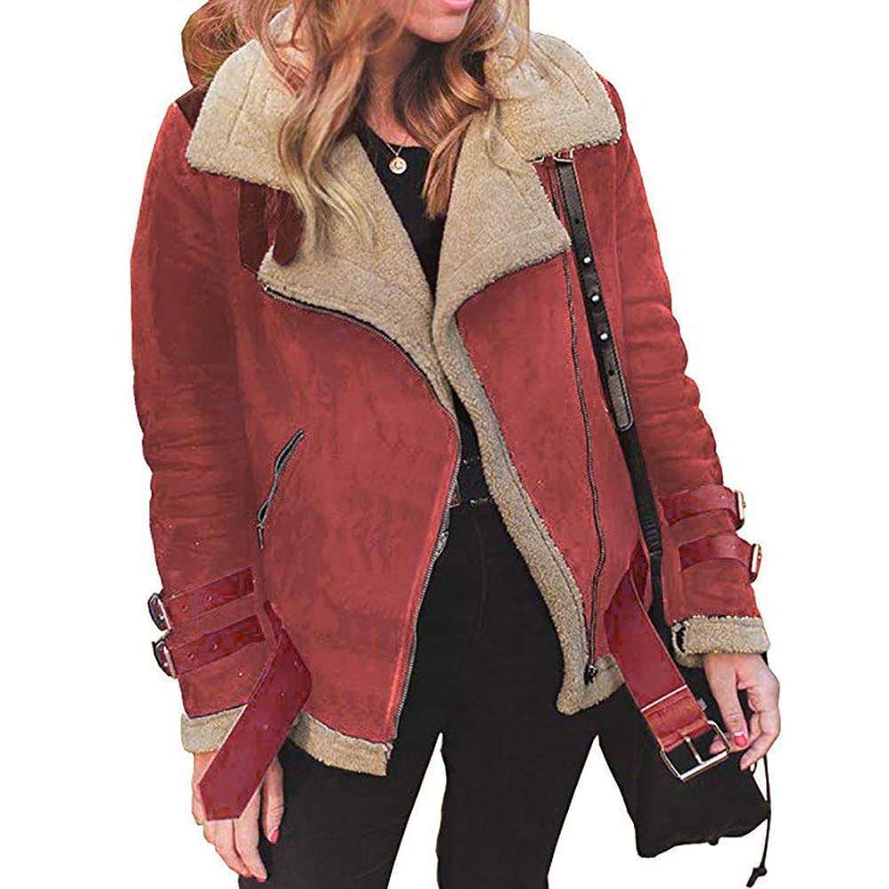 Faux Fur Jacket Women's Winter Warm Lapel Bomber Jacket, Kanpola Suede Biker Motor Leather Jacket Thick Parka Overlay Jacket Zip Outwear - Red - UK 18
