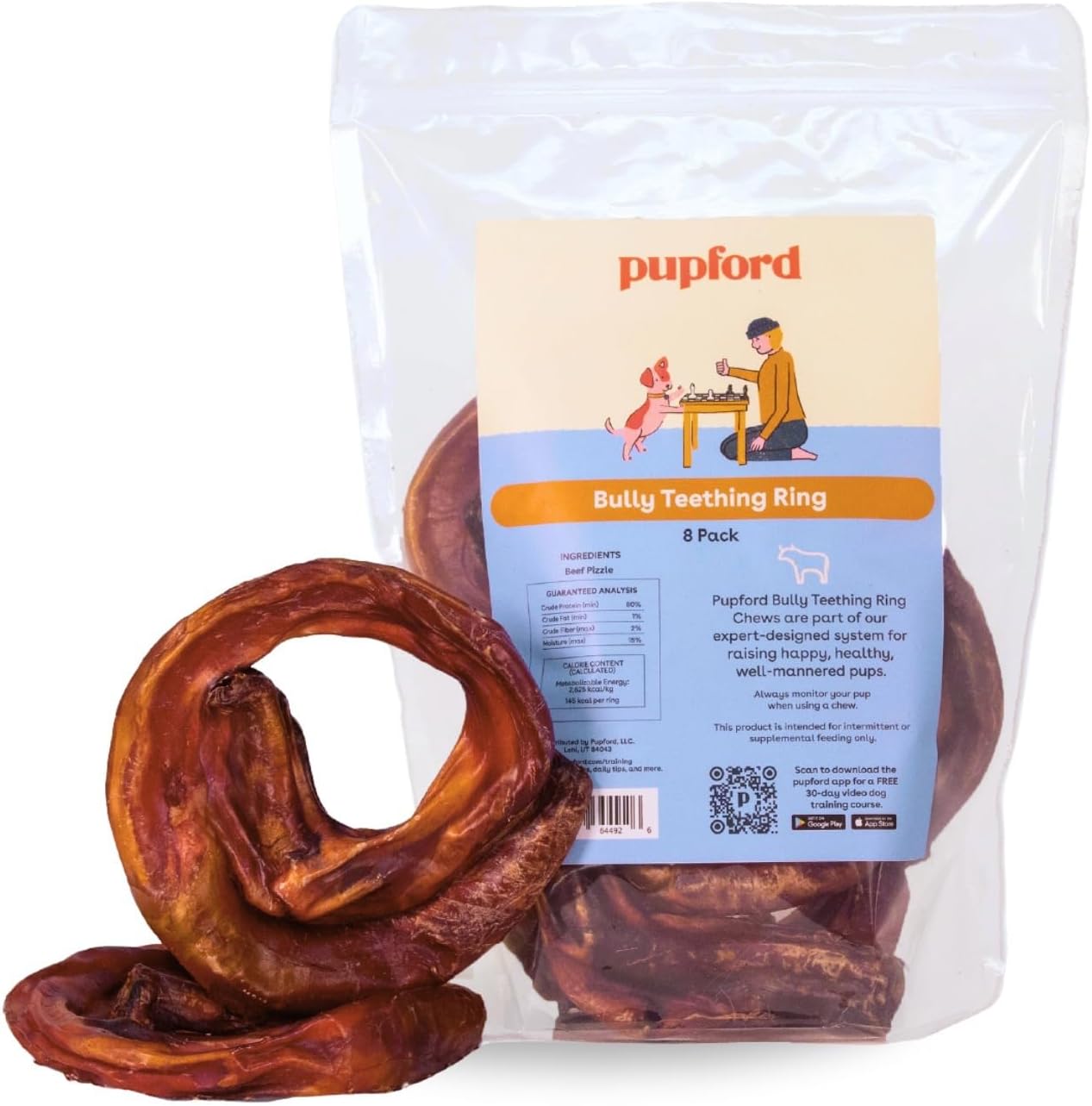 Pupford Bully Stick Rings for Puppies & Dogs, Long-Lasting Beef Dog Chew Treats, 8 Pack