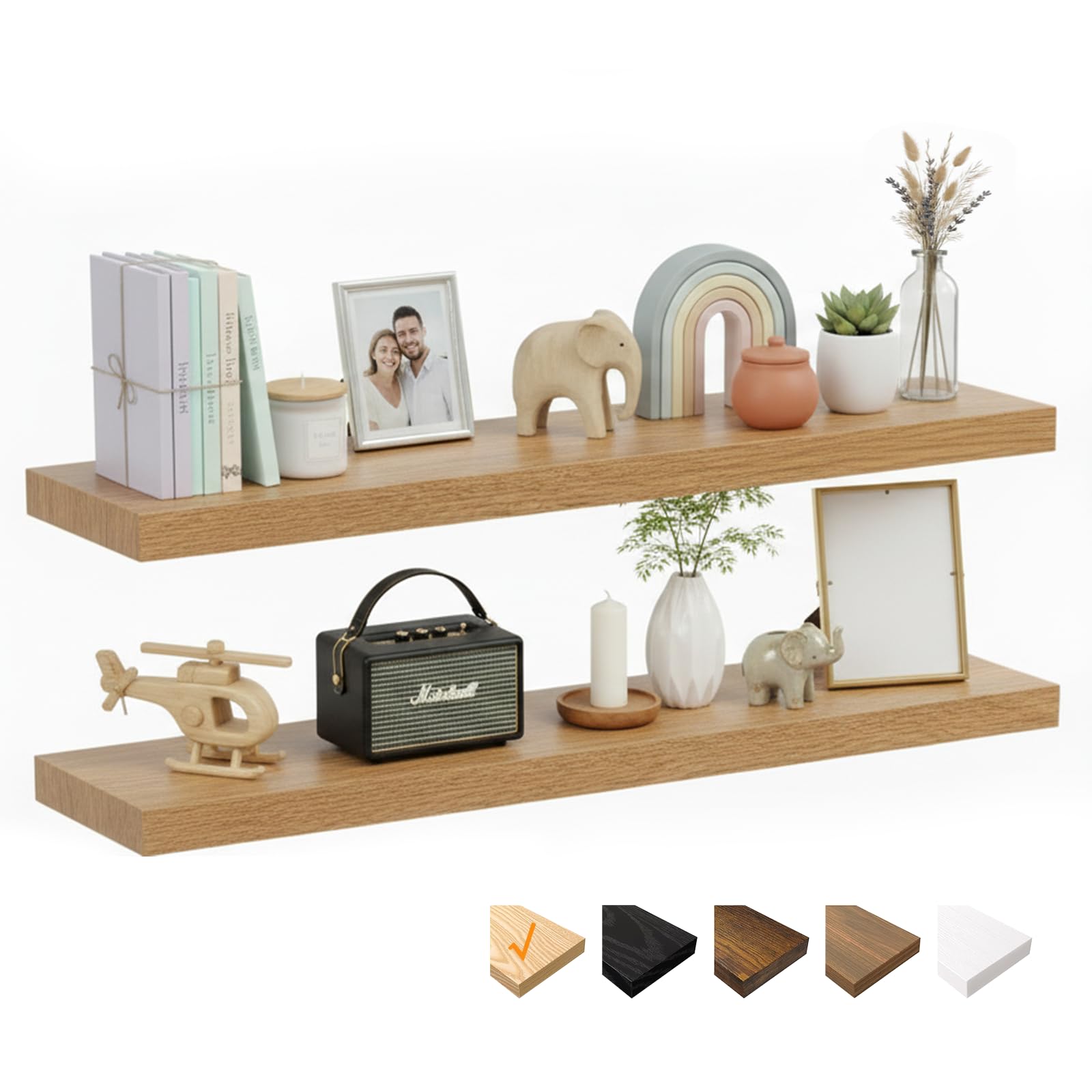 RICHER HOUSE Eiche Wandregale,120 x 23,5 x 3,8cm Wandboard MDF Holz,2er-Set | Holzregal Wand mit unsichtbaren Halterungen, Schweberegal für Schlafzimmer, Wohnzimmer, Badezimmer, Küche, Waschküche, Büro