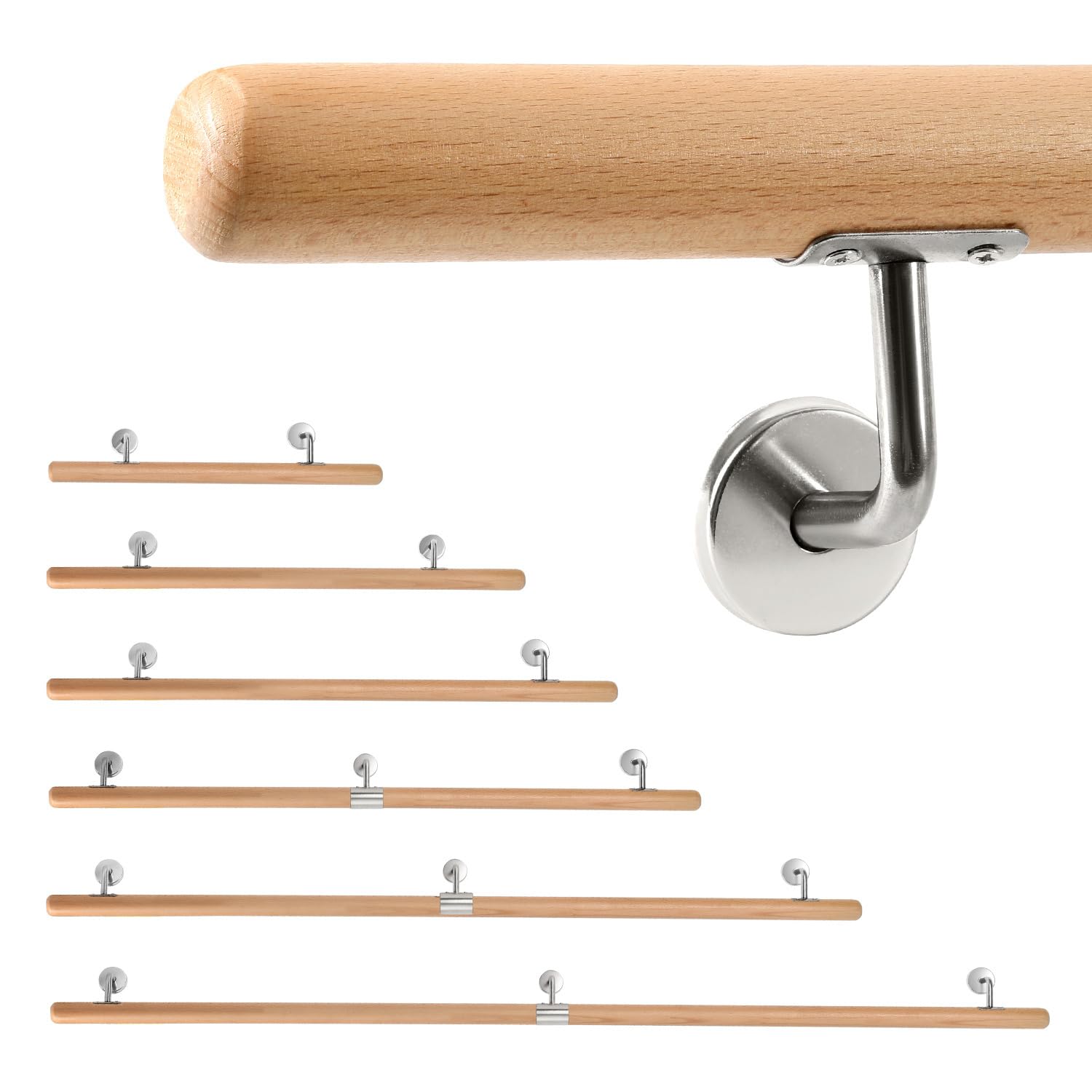 Pasamanos de madera, 150 cm, barandilla para escaleras, diámetro de 42 mm, pasamanos de pared, montaje lateral, incluye soportes de pared, material de montaje