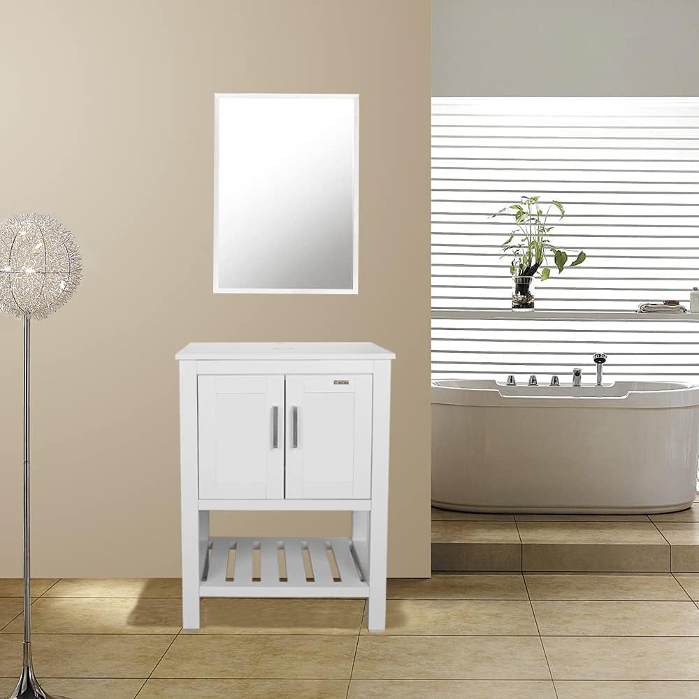 Uр Tо 40% оƒƒ eclife 24” White Bathroom Vanity Cabinet Modern Pedestal Cabinet Set Pedestal Stand Wood with Bathroom Vanity Mirror Soft Closing Cabinet Doors Set (Cabinet)