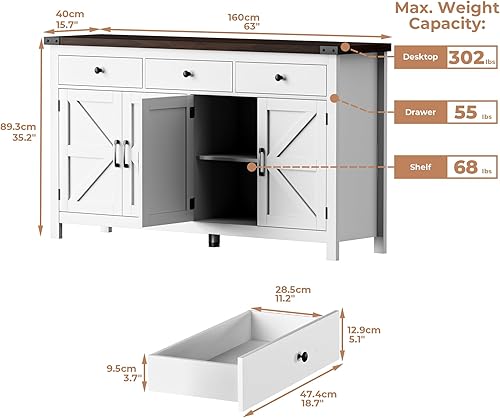 Miniatura 2 de VVFLU - Gabinete de aparador buffet de 63" con almacenamiento, gabinete de barra de café con 3 cajones y 4 puertas de granero, gabinete de